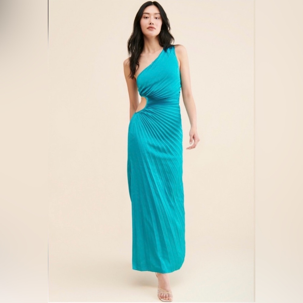NEW Delfi Collective Solie Pleated One-Shoulder Cutout Sheath Gown Turquoise, XS
